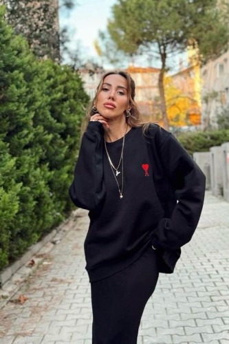 New Mission - Siyah Kalp Baskılı Oversize Sweat